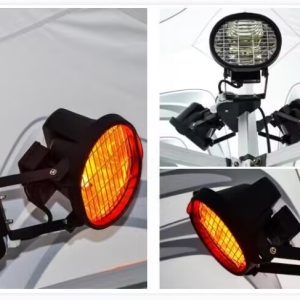 Infrapunalämmitin 3x500W punaisten lämpöelementtien kanssa kiinnitettynä metallitolppaan